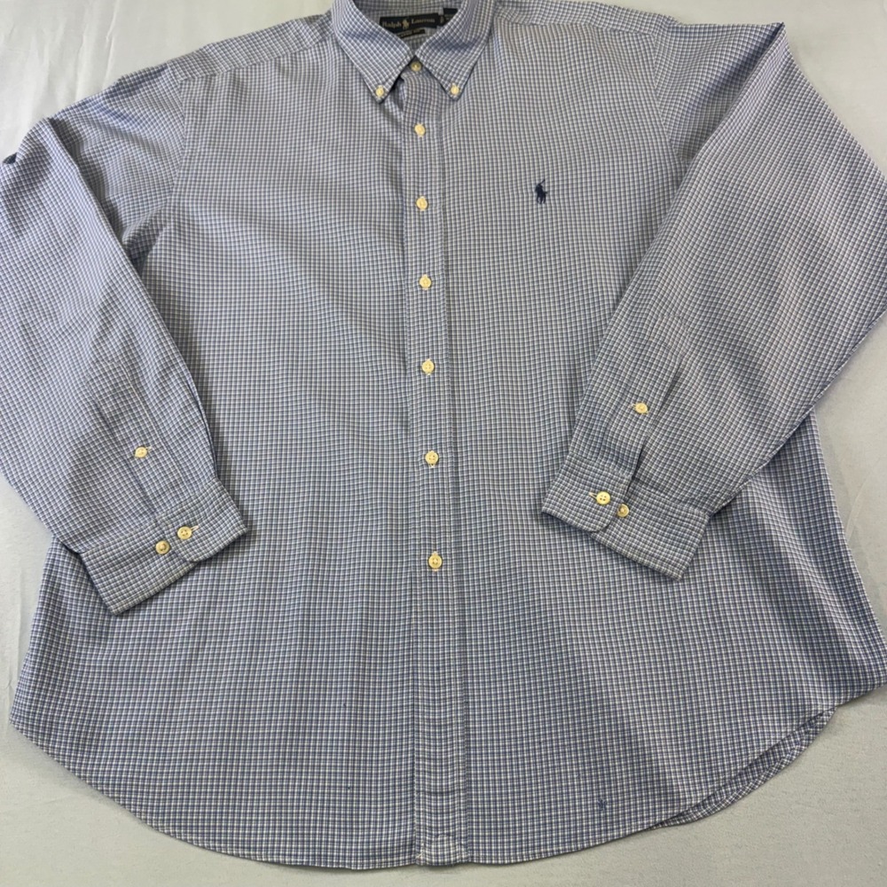 Ralph Lauren Classic Fit Blue White Micro Check Button Down Shirt Mens‎ 17.5 XL
